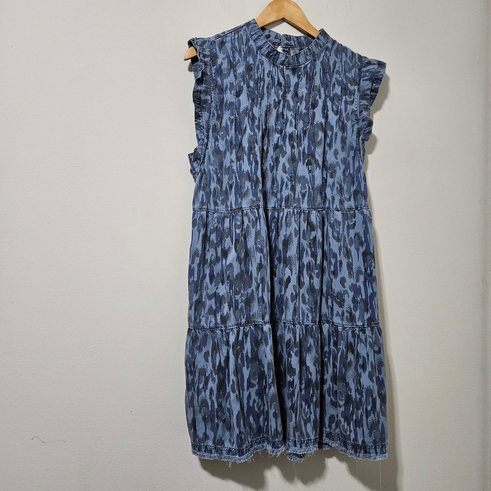 Anthropologie Jenee Tunic Dress Blue Leopard Print L Sleeveless Pintuck Ruffle